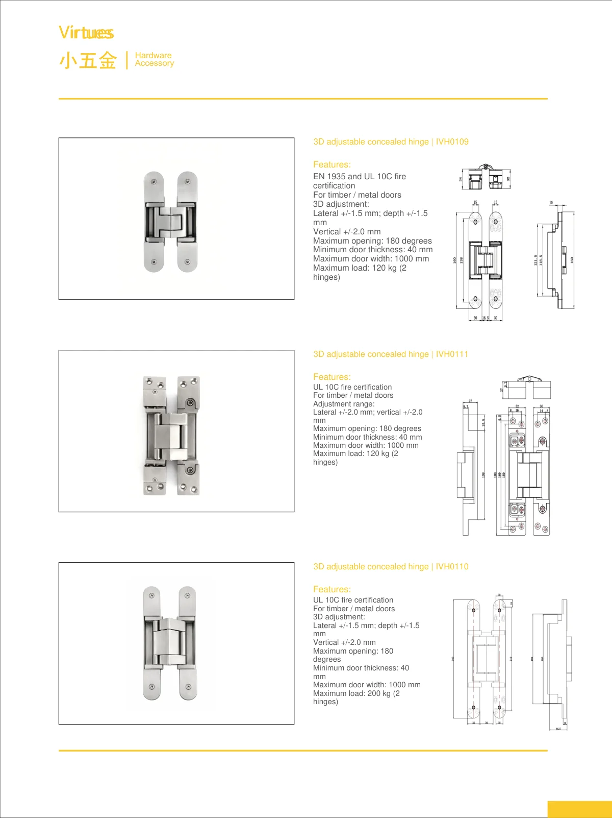 Original VIRTUES concealed hinge and flush bolt catalogue sheet